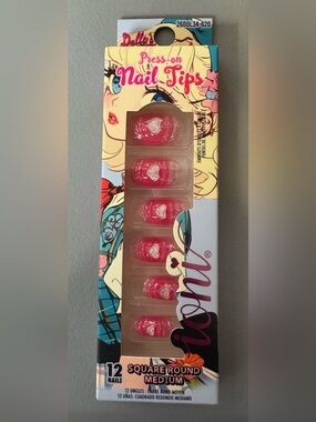 Ioni Press-On Nail Tips in Pink with Glitter Hearts square round medium 12pcs